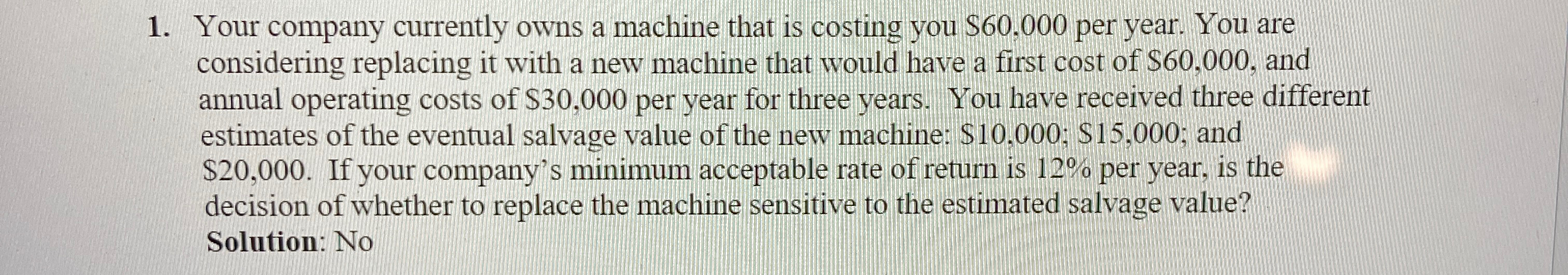 costing you $60,000 per year. You are considering replacing it with a