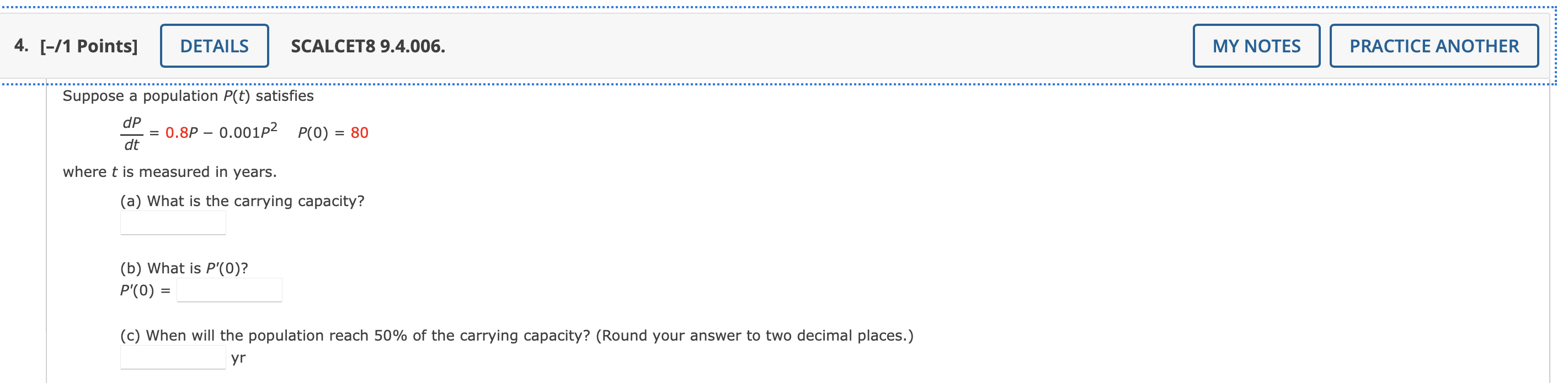 a population grows according to a logistic model with initial population 100