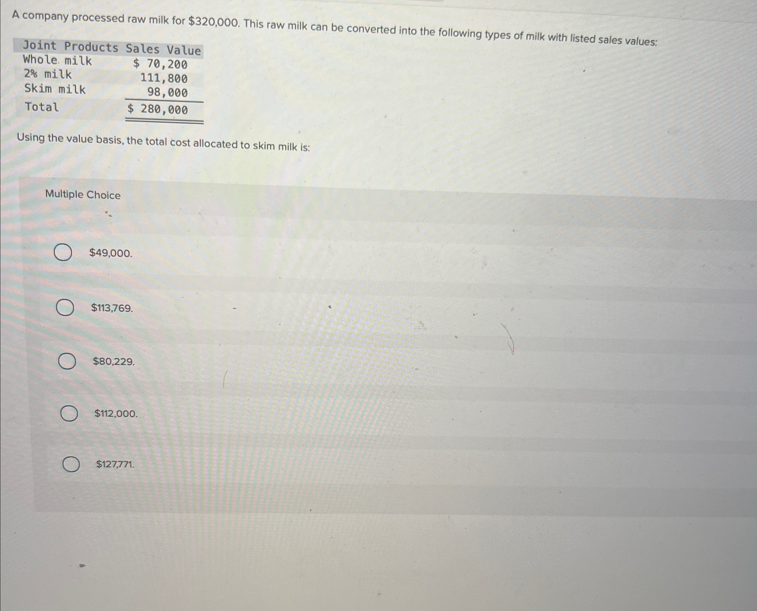 be converted into the following types of milk with listed sales values: