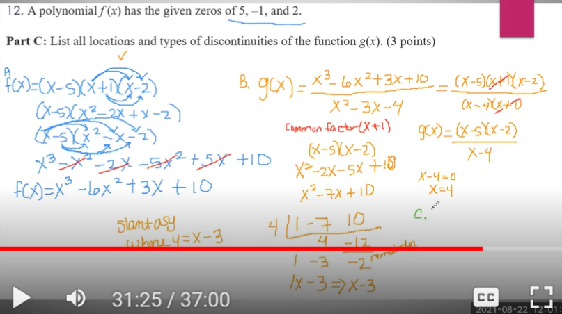  Hello, please help me find the find slant asymptote, using synthetic
