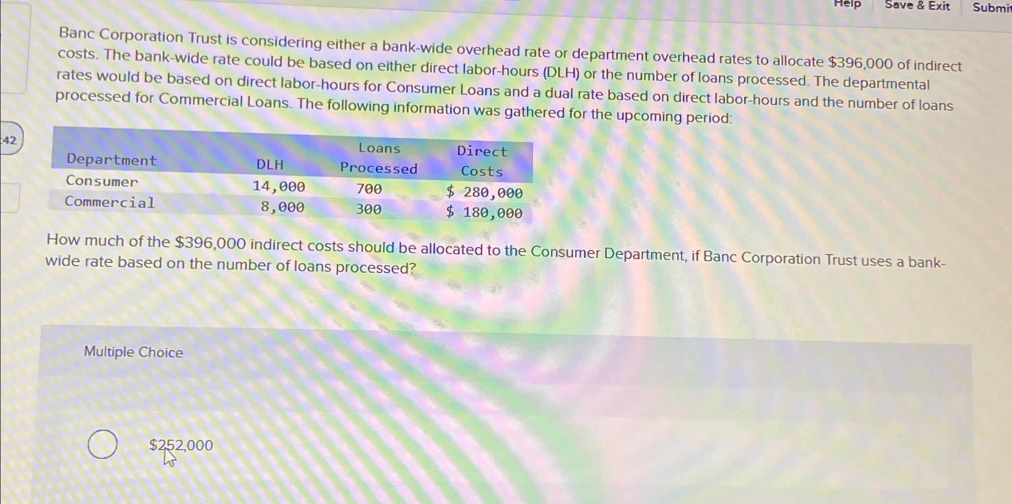 bank-wide overhead rate or department overhead rates to allocate $396,000 of indirect