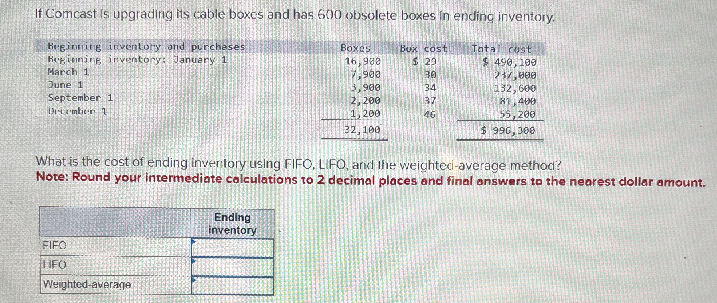 boxes in ending inventory. \table[[Beginning inventory and purchases,Boxes,Box cost,Total cost],[{ \table[[Beginning inventory: