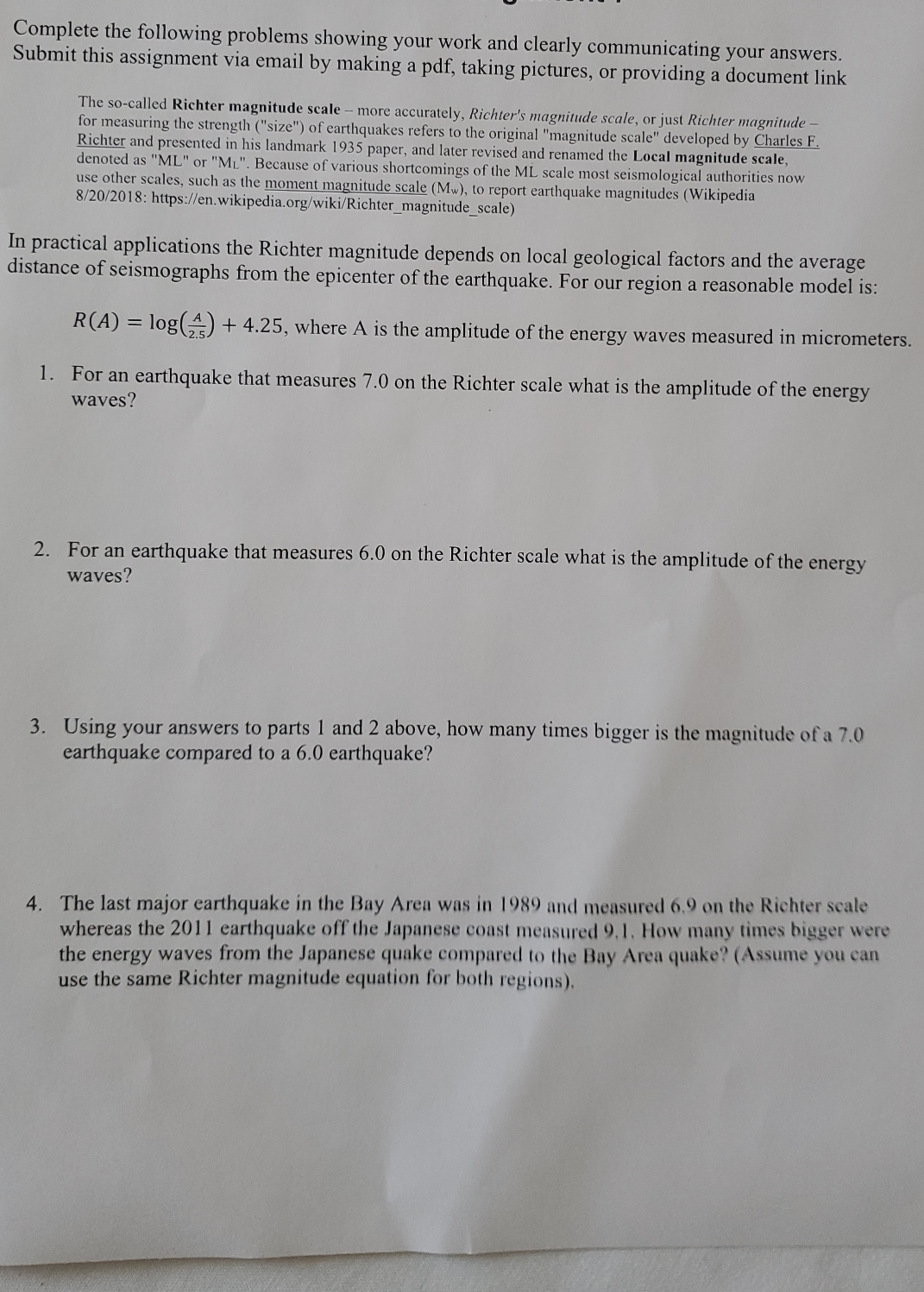 your work and clearly communicating your answers. Submit this assignment via email