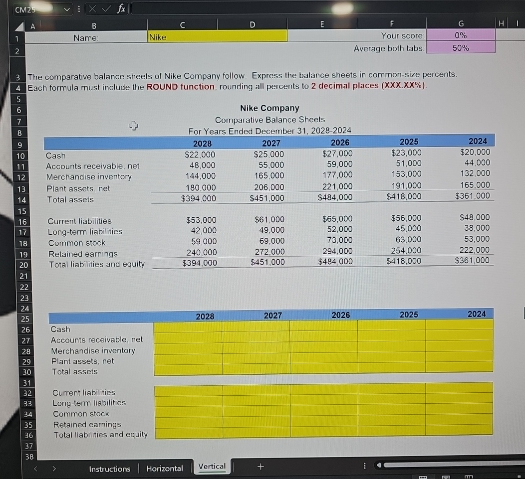 VERTICAL ANALYSIS WITH FORMULAS PLEASE. THANK YOU. The comparative balance sheets