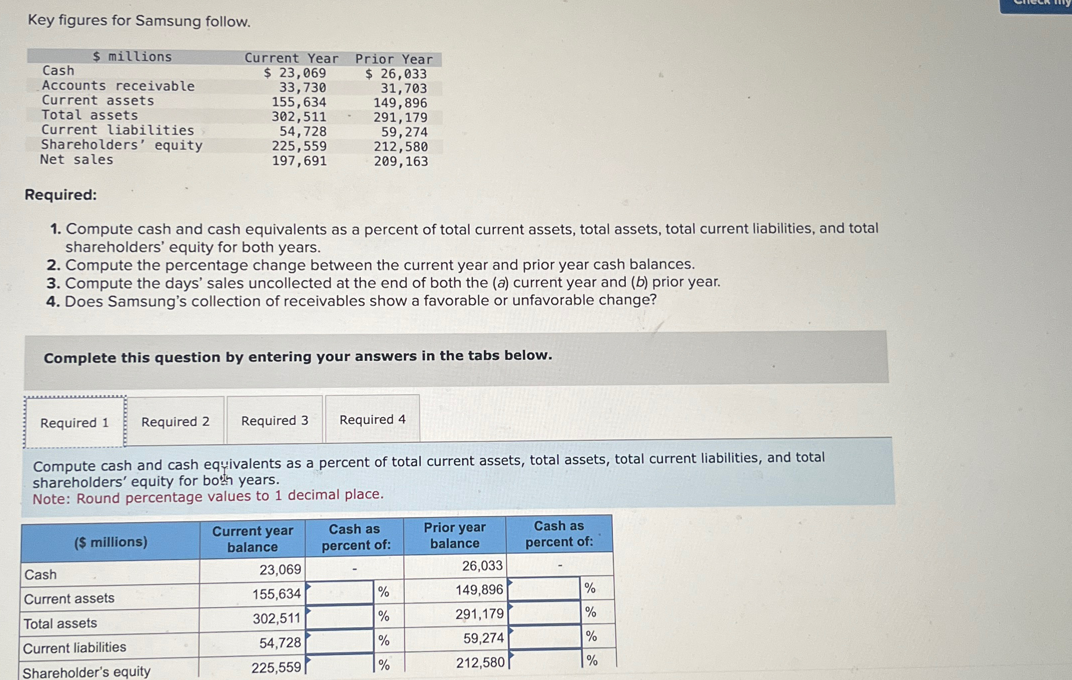  Key figures for Samsung follow. \table[[$ millions,Current Year,Prior Year],[Cash,$23,069,$26,033 