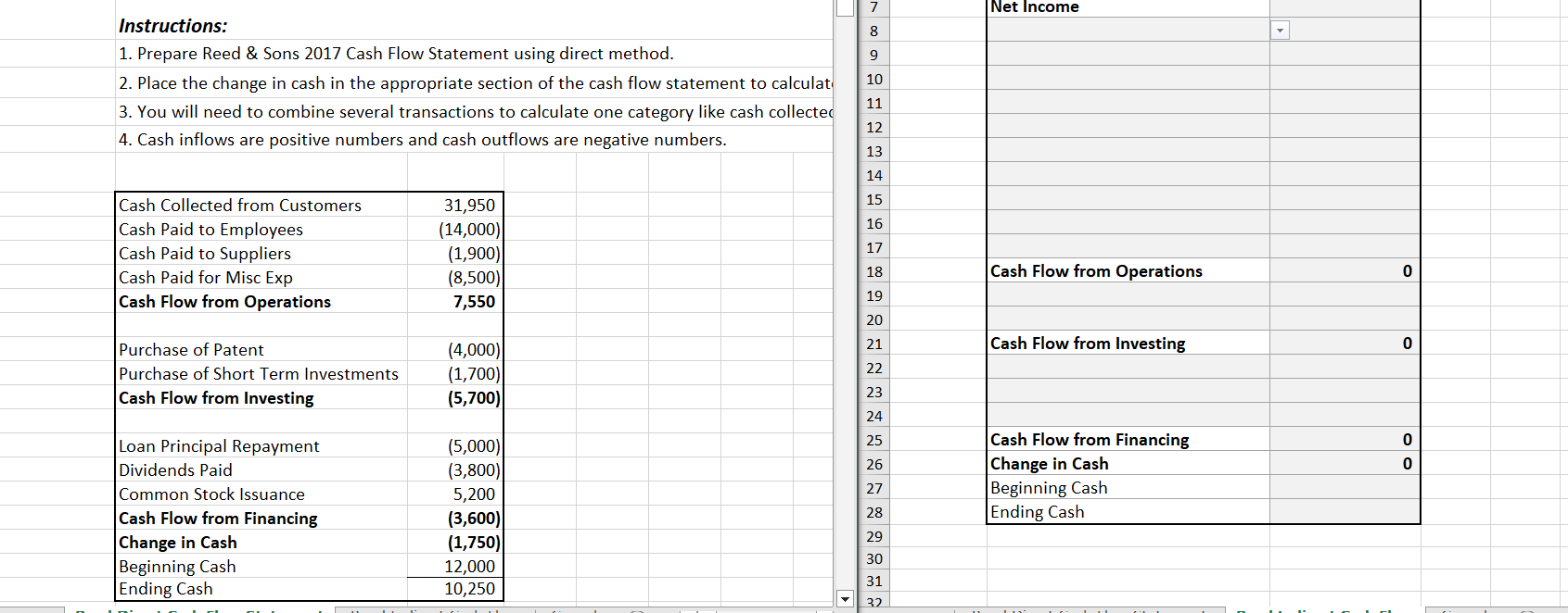 Instructions: Prepare Reed & Sons 2017 Cash Flow Statement using direct