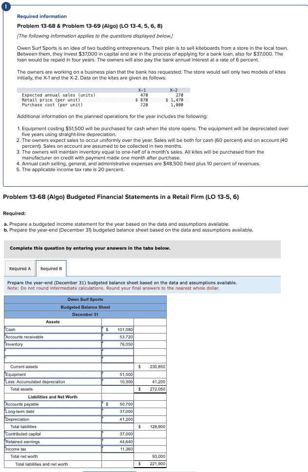  Required information Problem 13-68 & Problem 13-69(Algo)(LO 13-4,5,6,8) [The following information