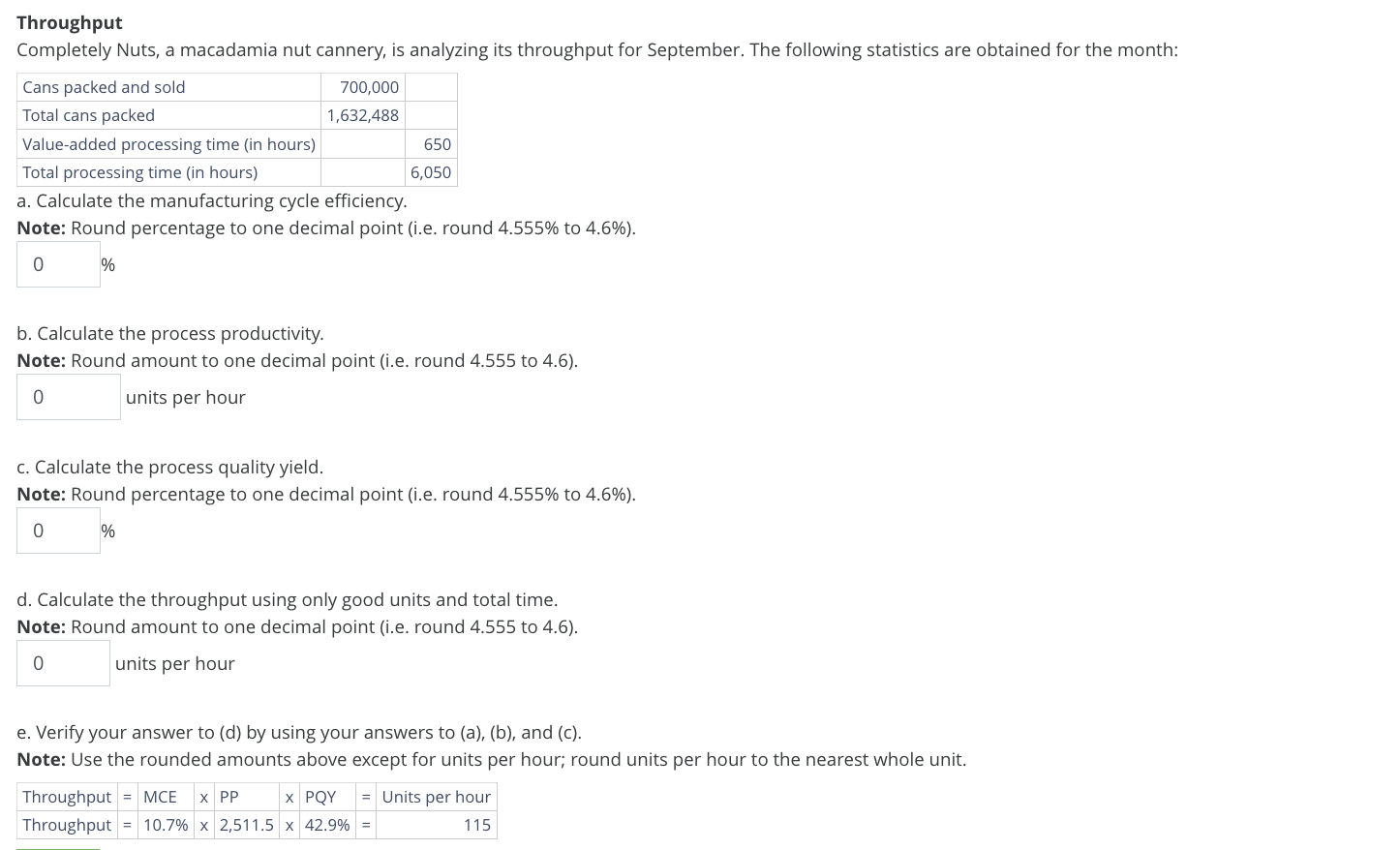 for September. The following statistics are obtained for the month: a. Calculate
