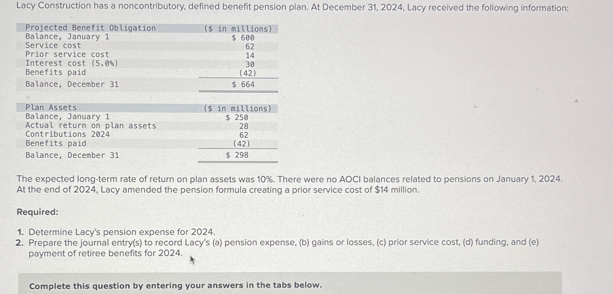 31,2024, Lacy received the following information: \table[[\table[[Projected Benefit Obligation],[Balance, January 1],[Service cost],[Prior