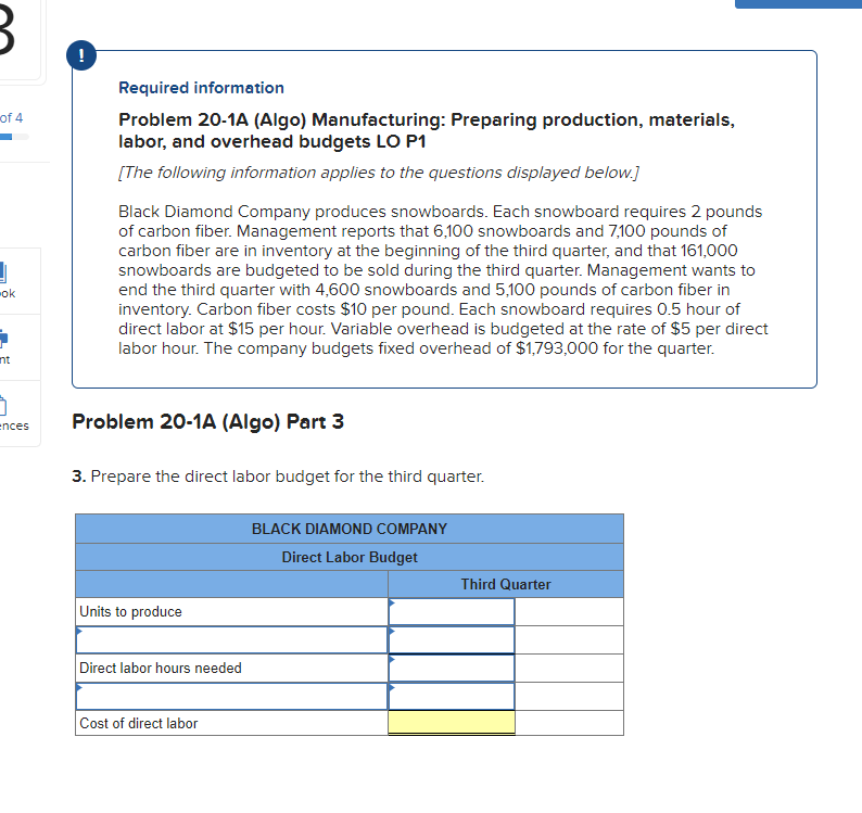  Required information Problem 20-1A (Algo) Manufacturing: Preparing production, materials, labor, and