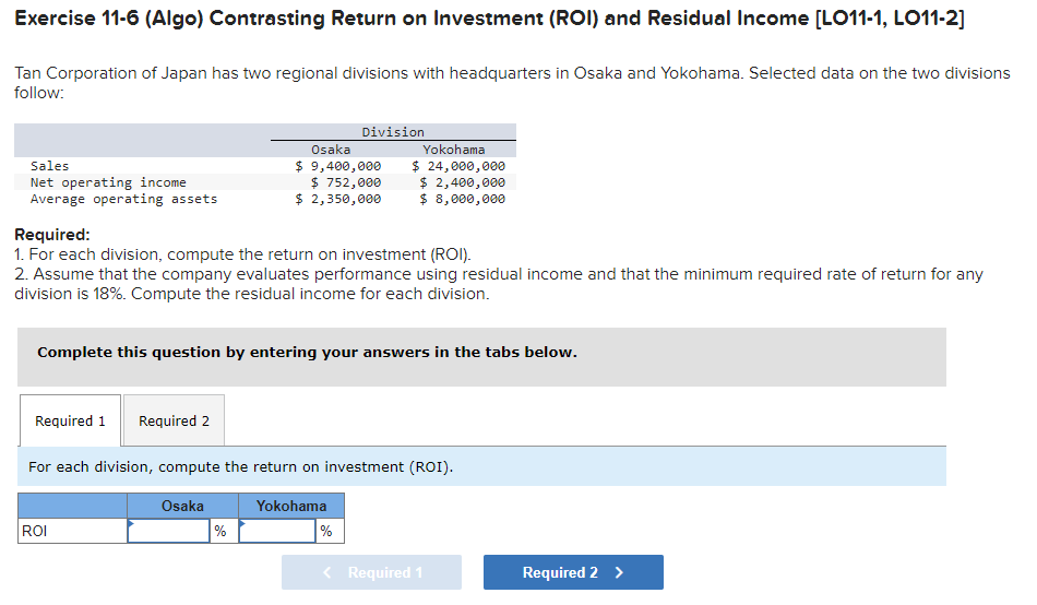  Exercise 11-6(Algo) Contrasting Return on Investment (ROI) and Residual Income [LO11-1,