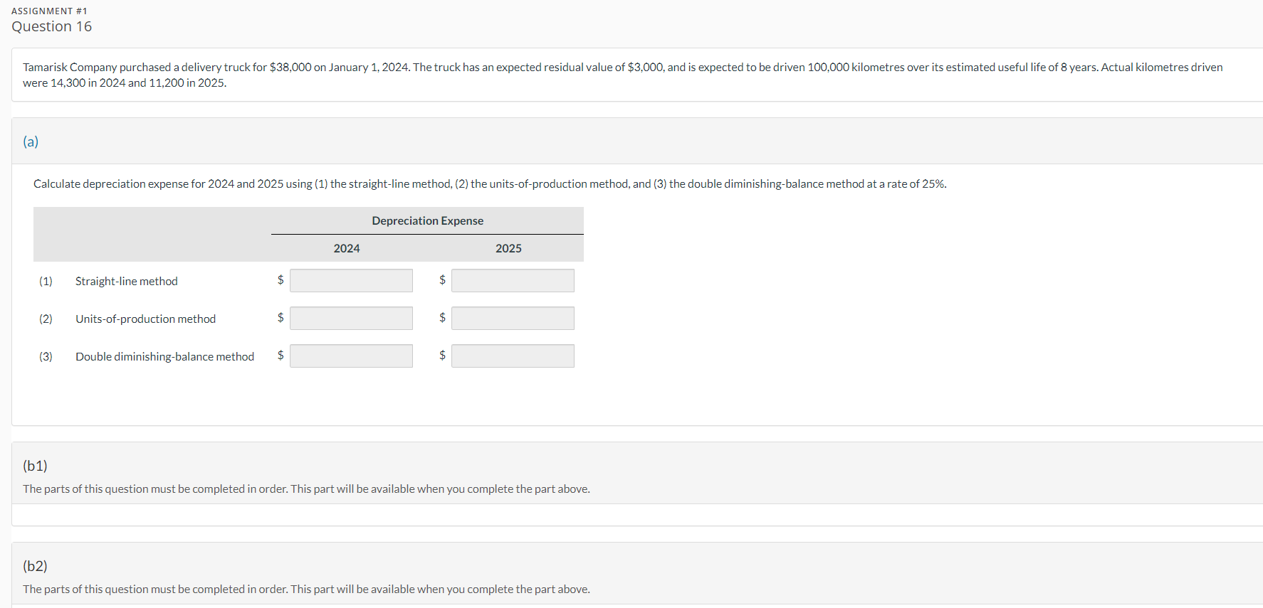 Calculate depreciation expense for 2024 and 2025 using (1) the straight-line method,