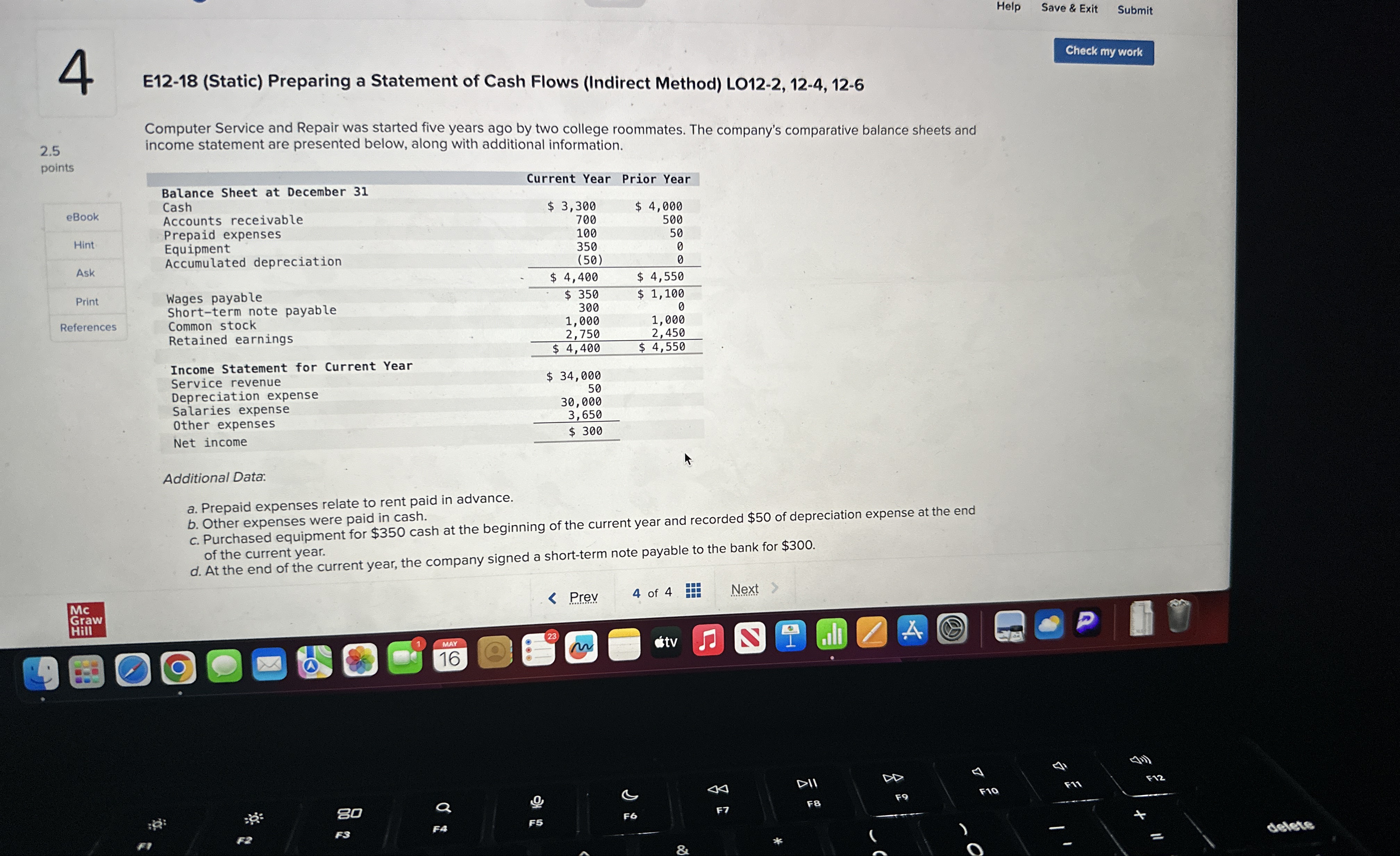 Help Save & Exit Submit 4 Check my work E12-18(Static) Preparing