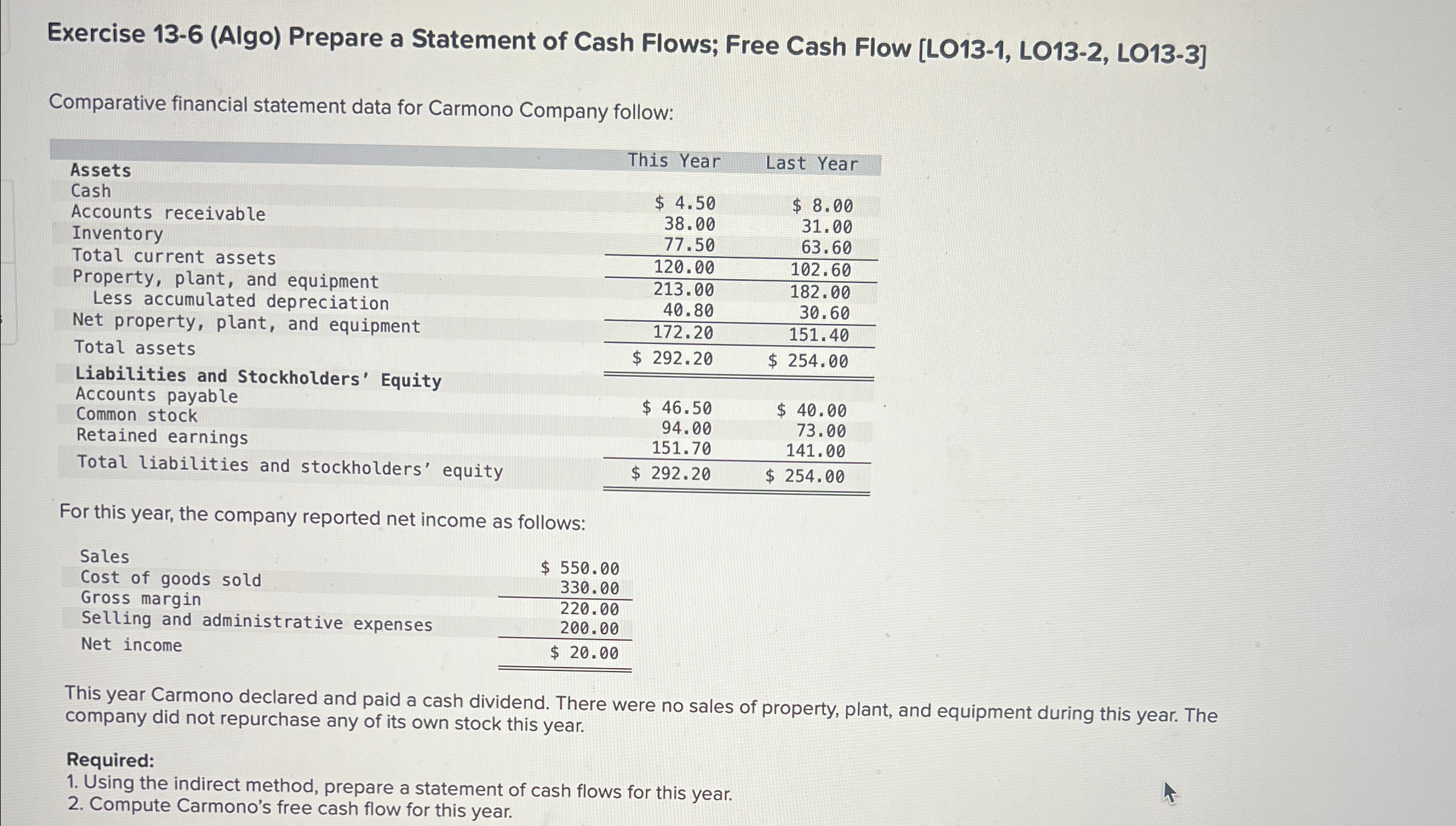  Exercise 13-6(Algo) Prepare a Statement of Cash Flows; Free Cash Flow