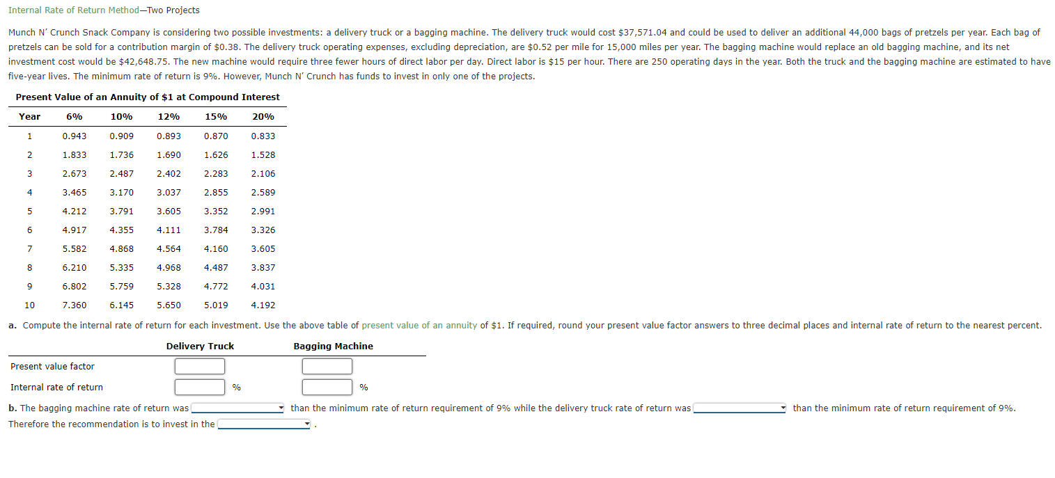  Internal Rate of Return Method-Two Projects five-year lives. The minimum rate