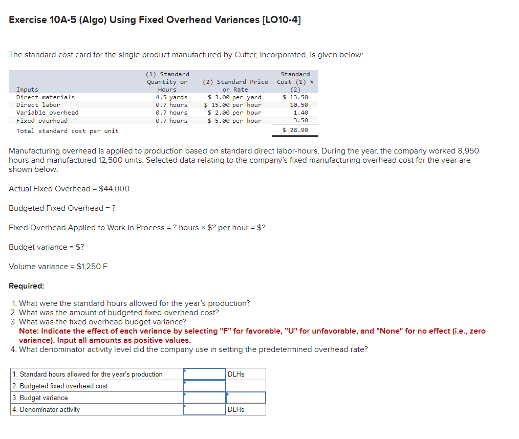  Exercise 10A-5(Algo) Using Fixed Overhead Variances [LO10-4] The standard cost card
