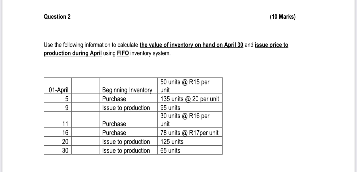  Question 2 (10 Marks) Use the following information to calculate the