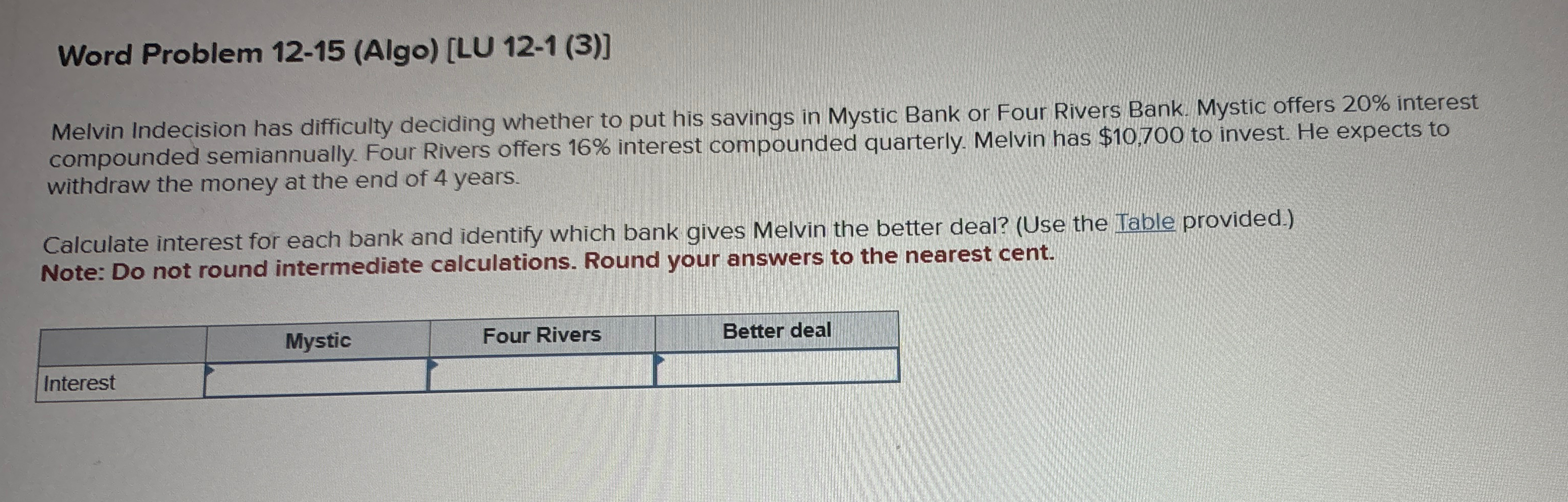  Word Problem 12-15(Algo)[LU 12-1(3)] Melvin Indecision has difficulty deciding whether to