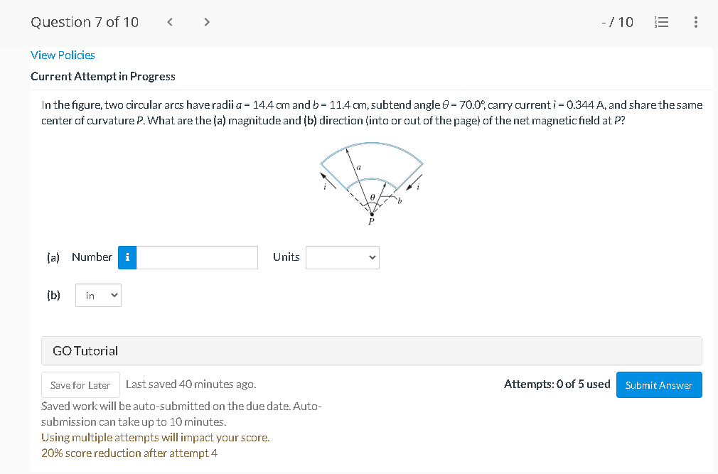conductor carrying a current i = 8.3Asplits into identical semicircular arcs as