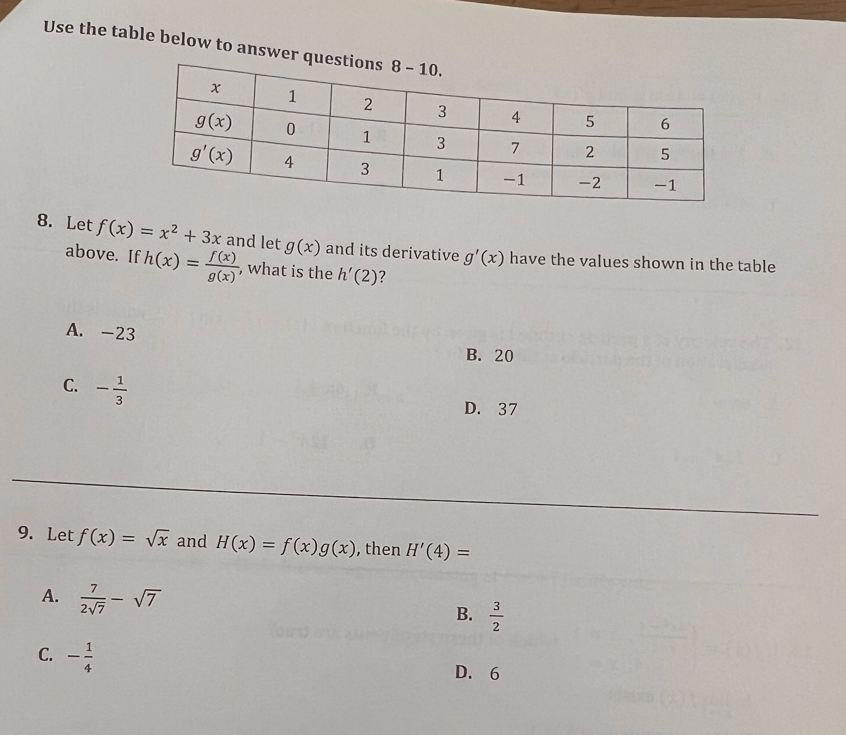 8 - 10. X 1 2 3 4 5 6 g (x)