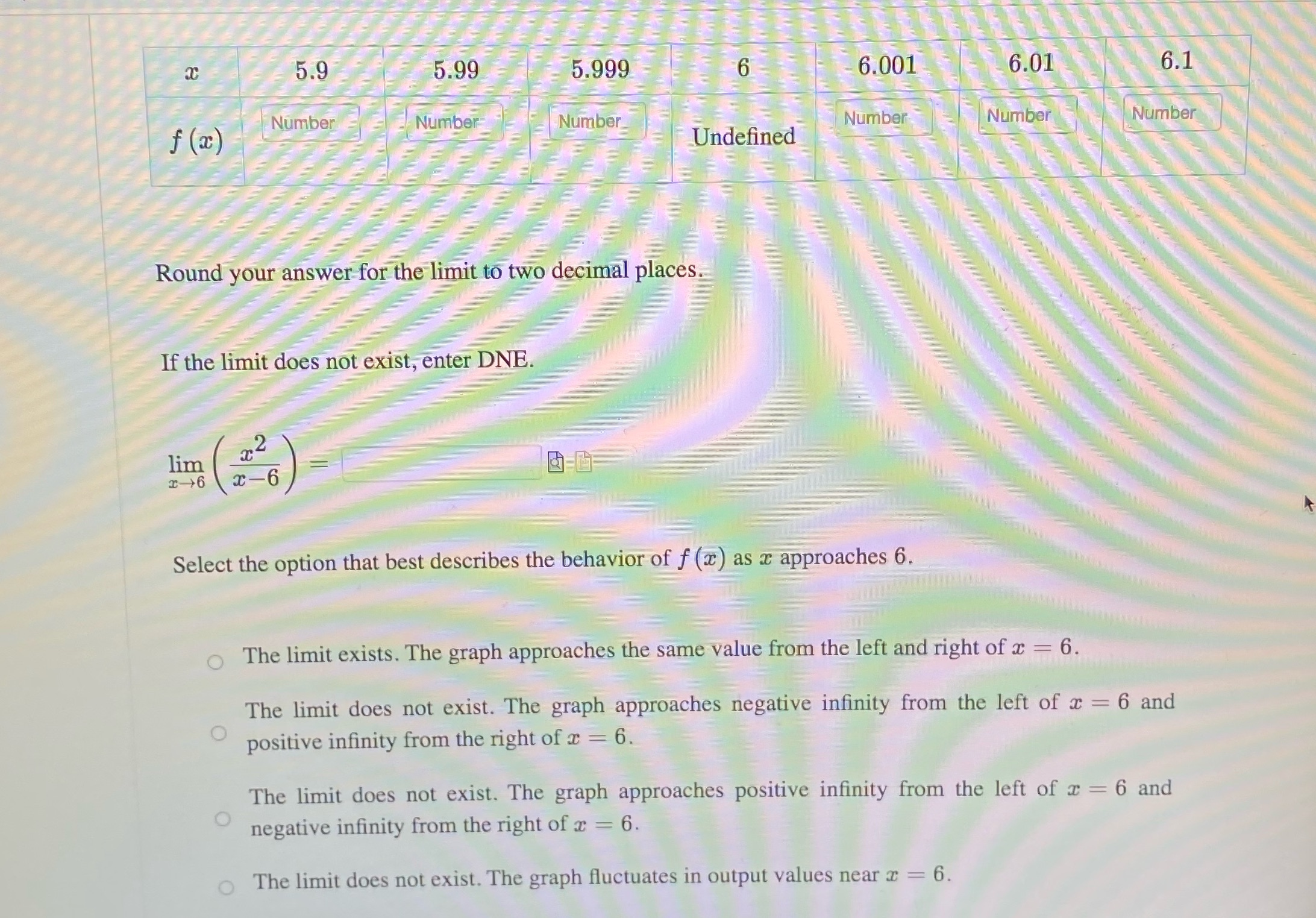  Q4). F(x) = x^2/x-6Round to the nearest integer 5.9 5.99 5.999