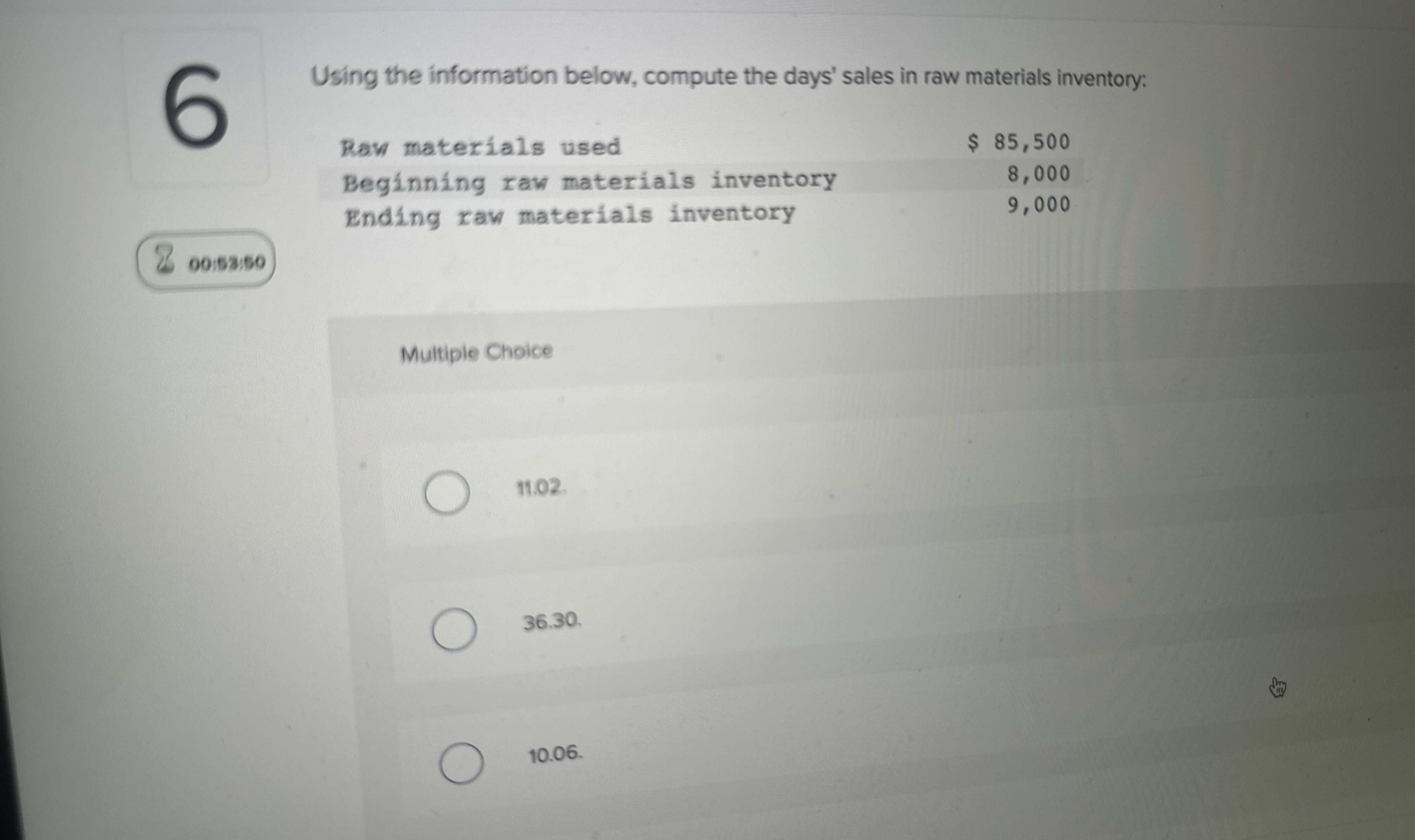 materials inventory: \table[[Raw materials used,$85,500 