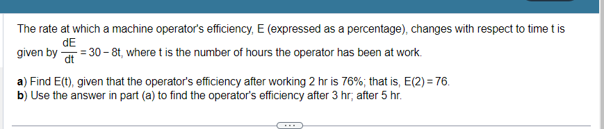 The rate at which a machine operator's efficiency, E (expressed as