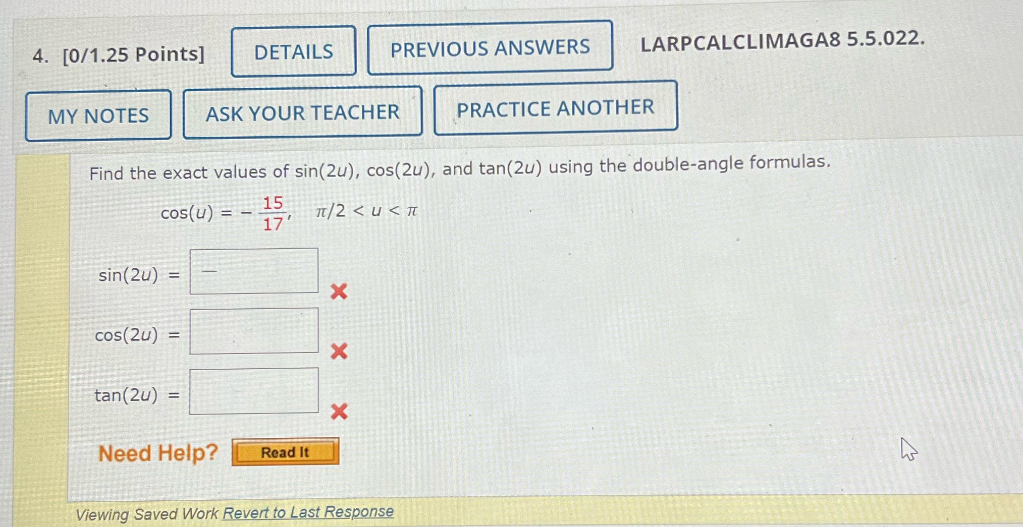 5.5.022. MY NOTES ASK YOUR TEACHER PRACTICE ANOTHER Find the exact values