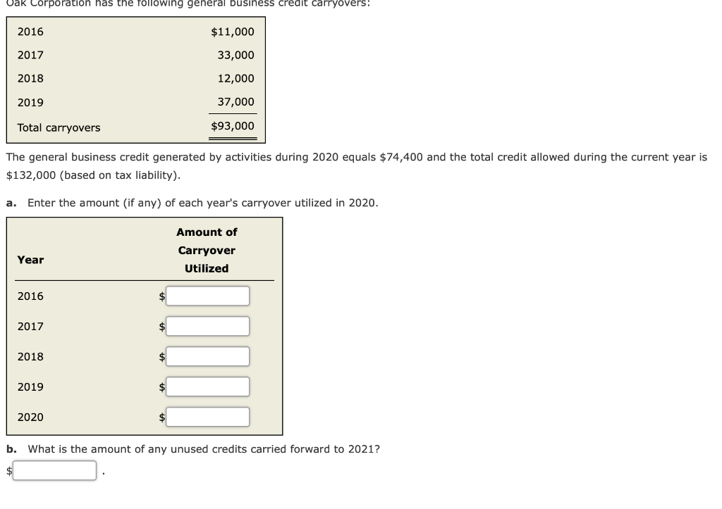  Problem 12-27(Algorithmic)(LO.2) Oak Corporation has the following general business credit carryovers:
