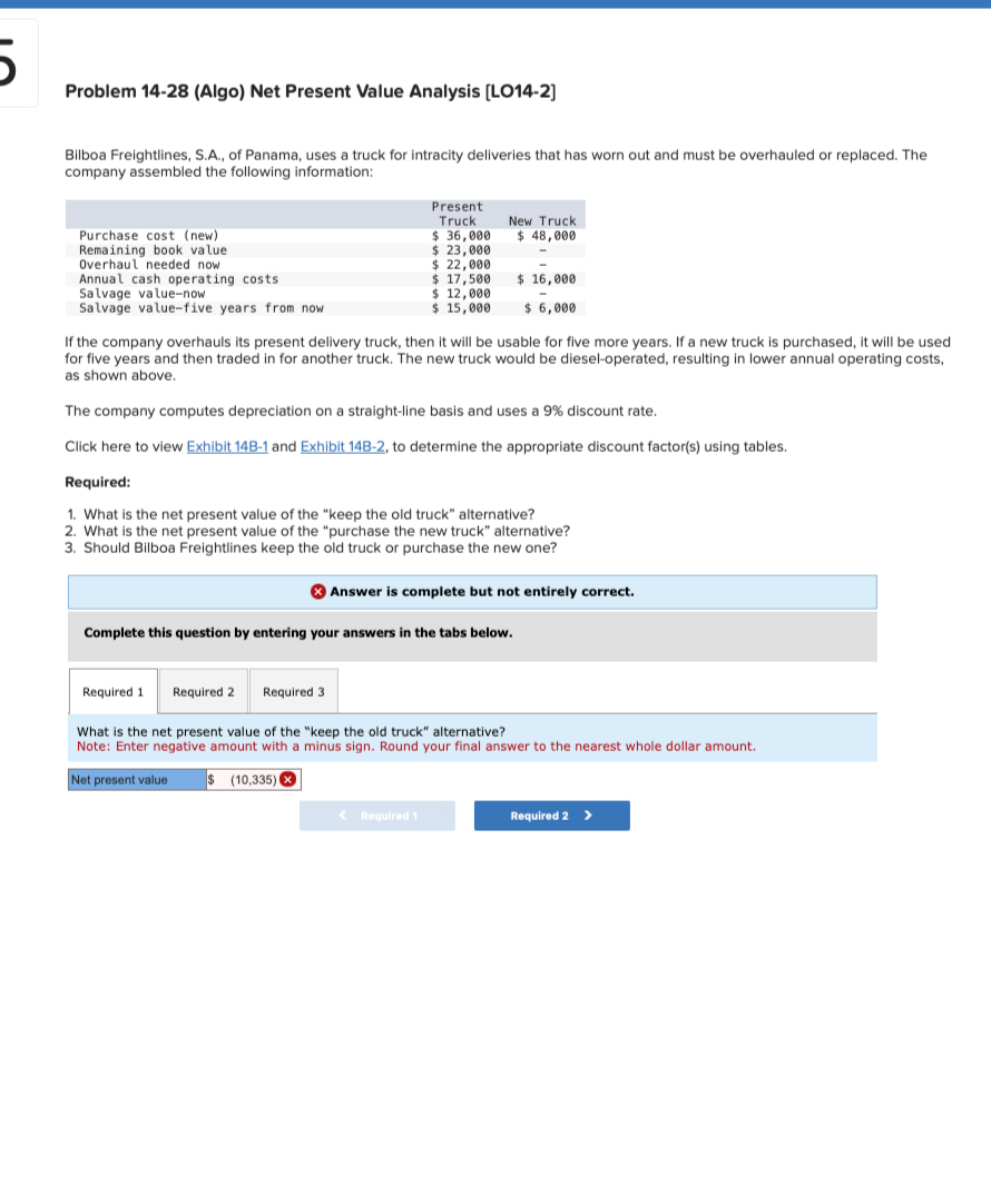  Problem 14-28(Algo) Net Present Value Analysis [L014-2] Bilboa Freightlines, S.A., of
