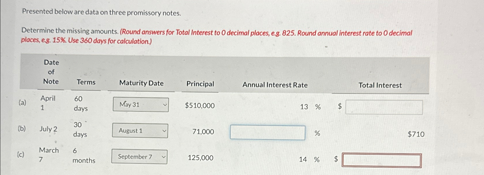  Presented below are data on three promissory notes. Determine the missing