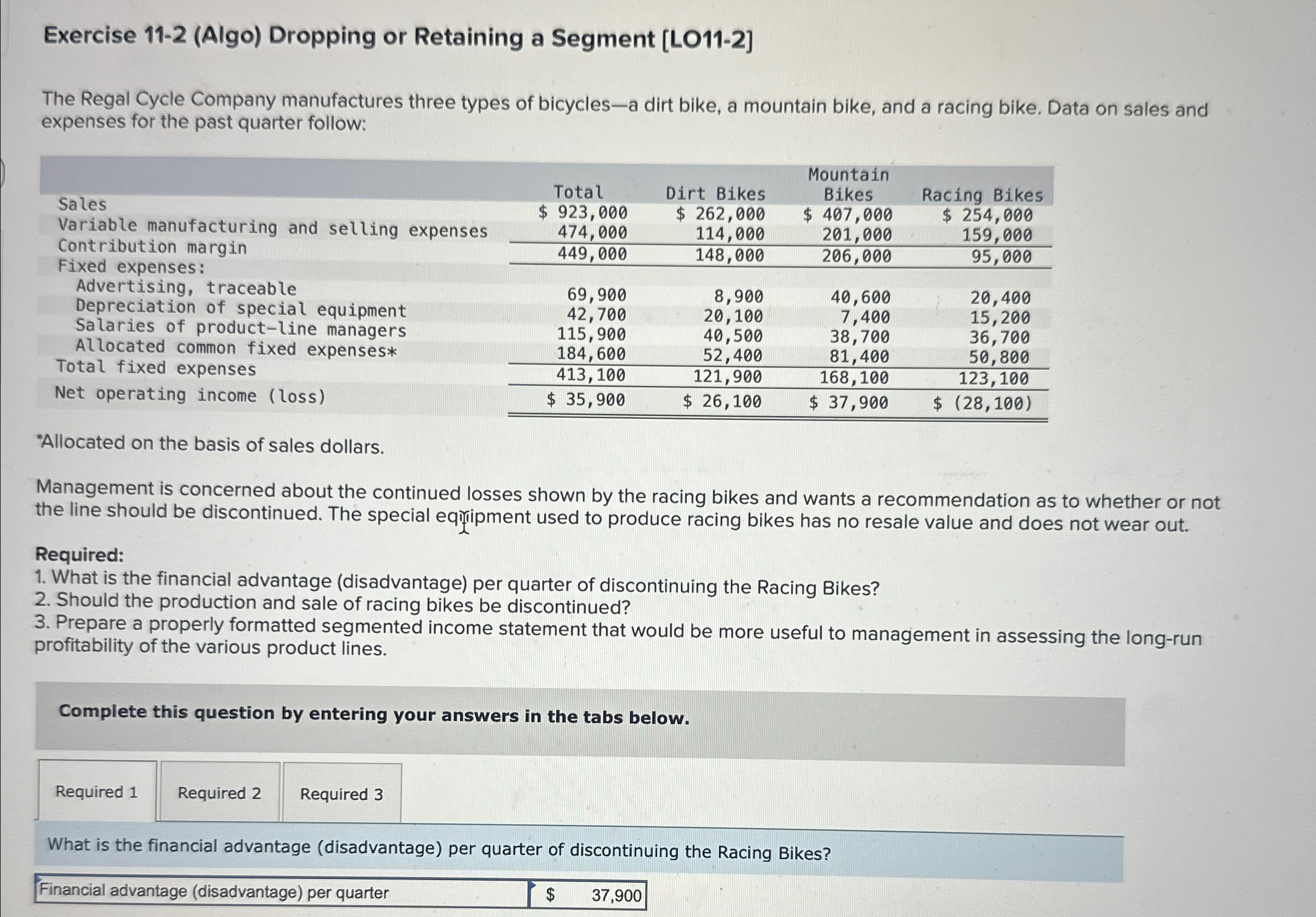  Exercise 11-2(Algo) Dropping or Retaining a Segment [LO11-2] The Regal Cycle