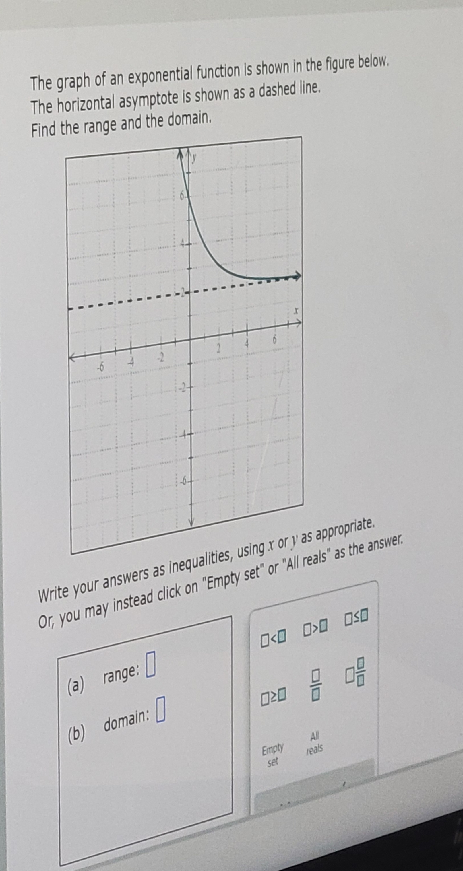 below. The horizontal asymptote is shown as a dashed line. Find the