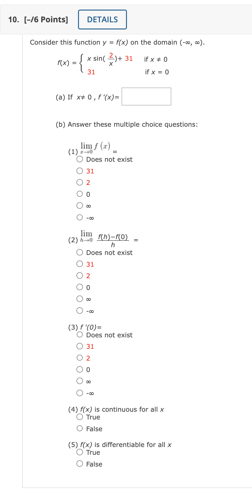  10. [-/6 Points] DETAILS Consider this function y = f(x) on