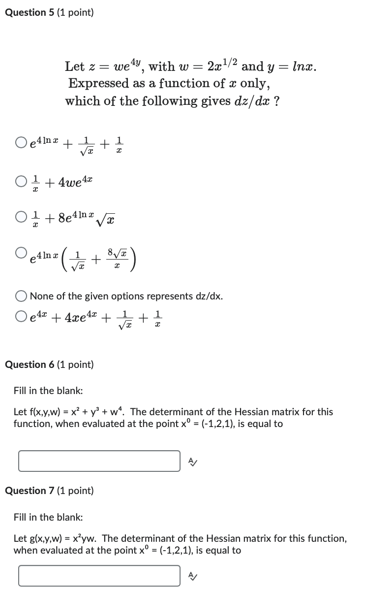 Question 5 (1 point) Let z we Y, with w 2cl/2 and