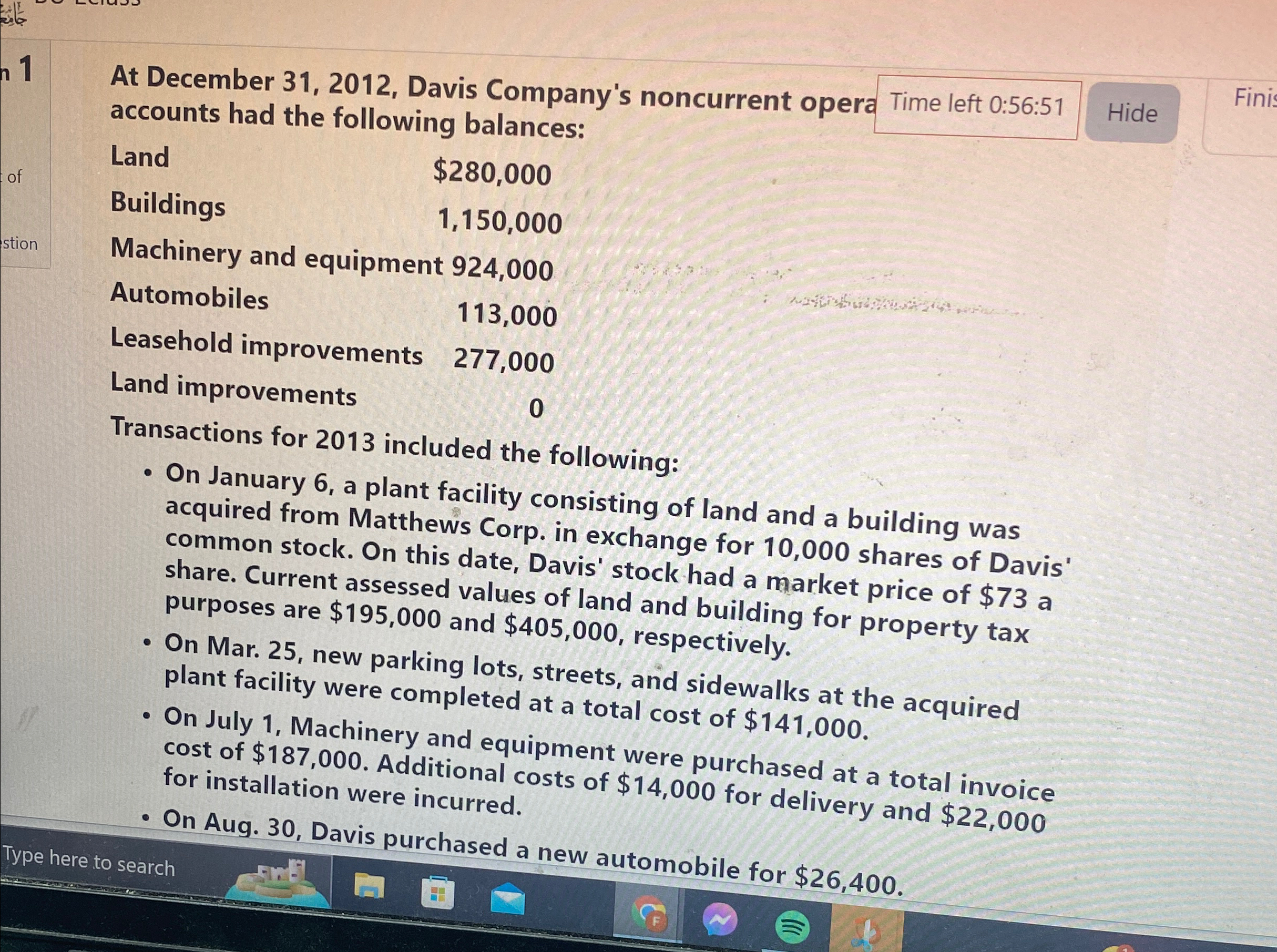  At December 31,2012, Davis Company's noncurrent opera Time left 0:56:51 accounts