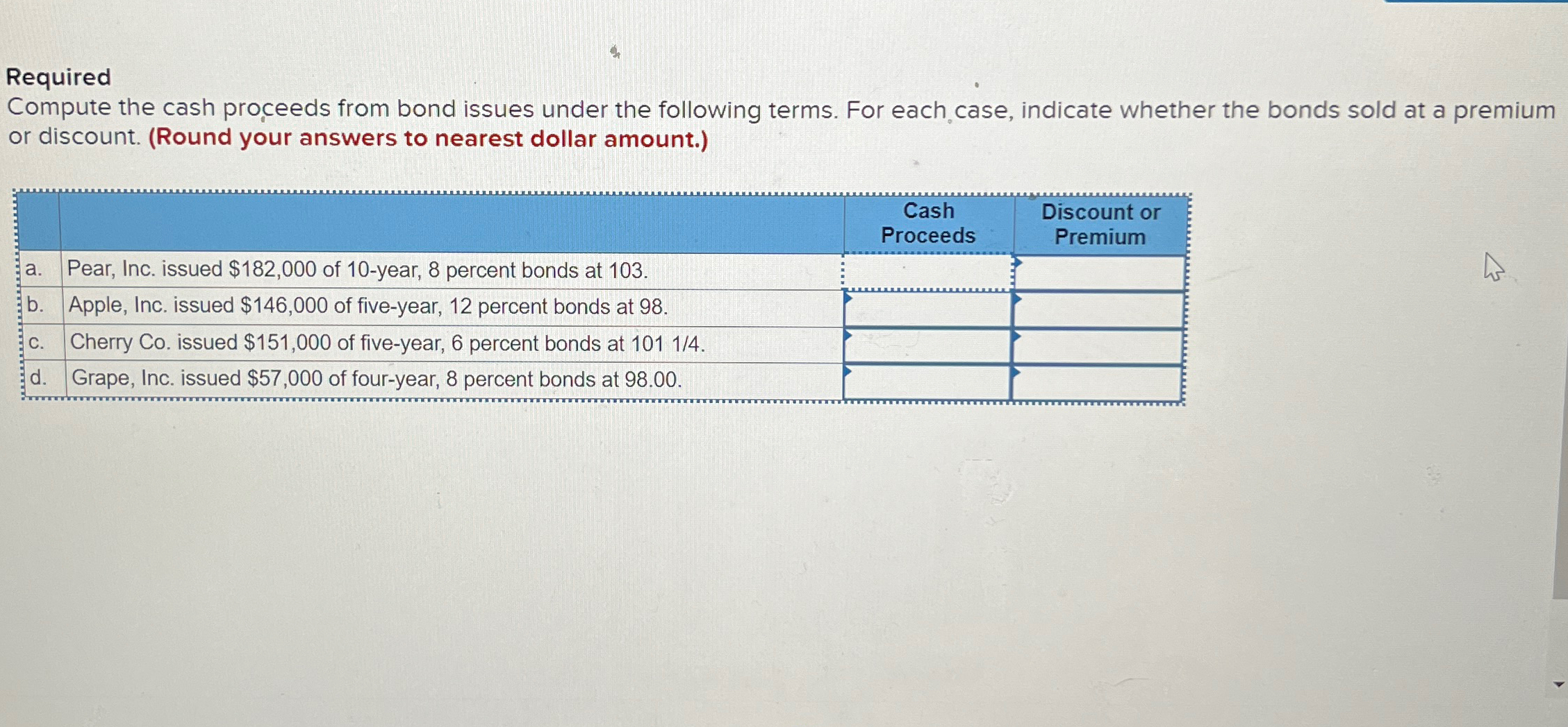 terms. For each case, indicate whether the bonds sold at a premium
