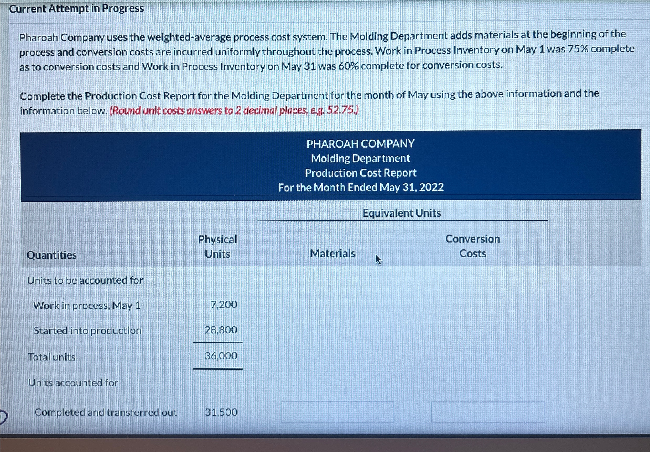  Current Attempt in Progress Pharoah Company uses the weighted-average process cost