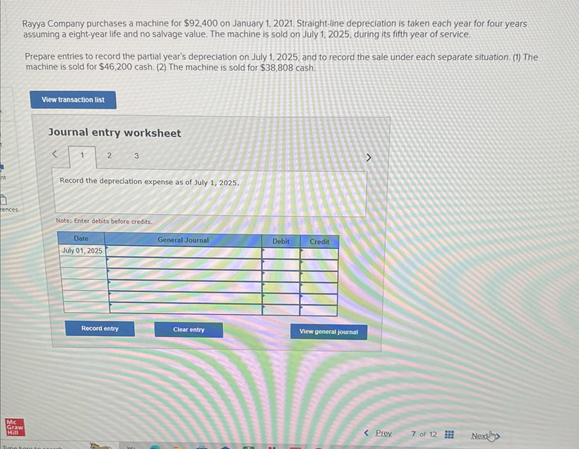 Rayya Company purchases a machine for $92,400 on January 1,2021. Straight-line