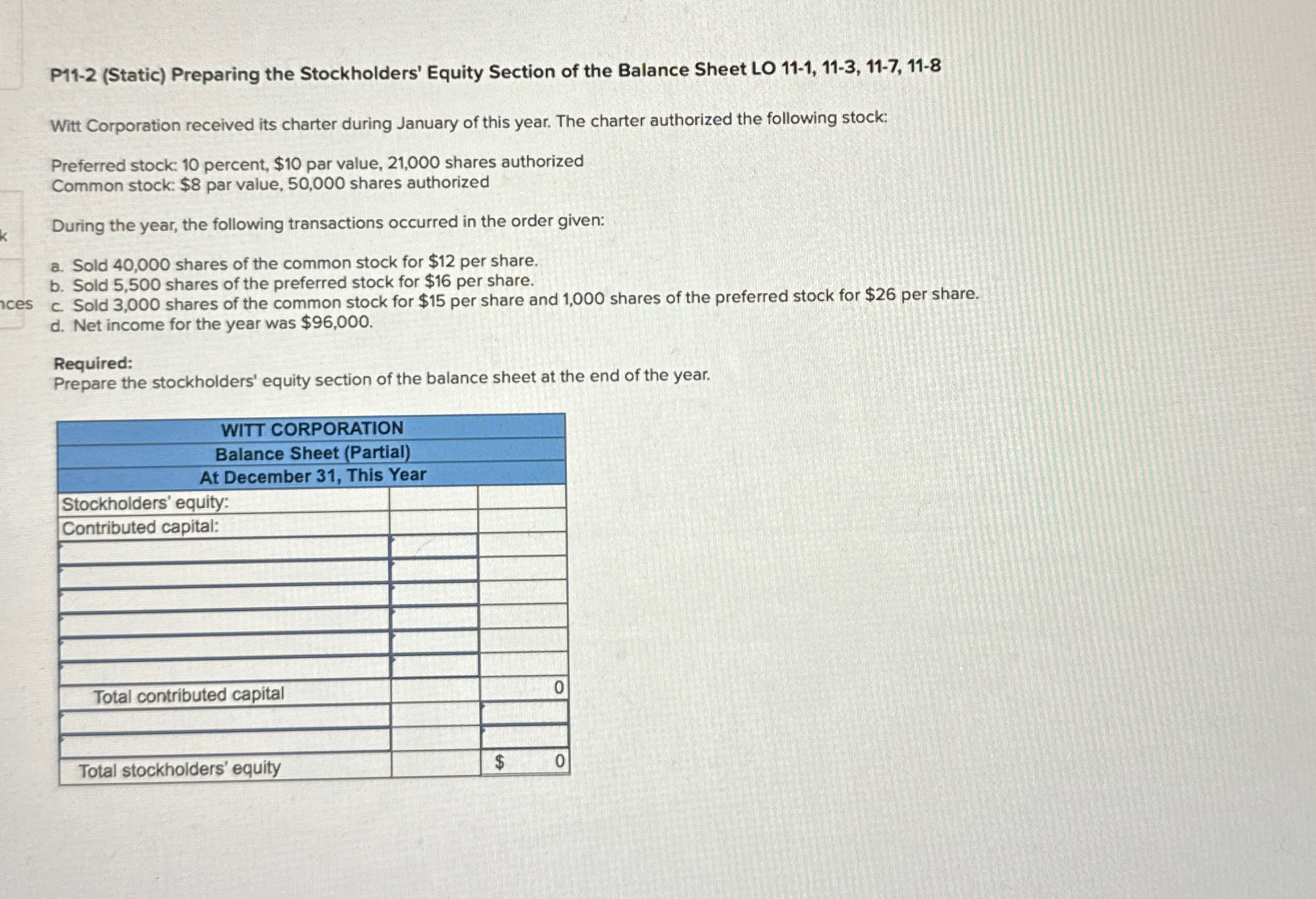P11-2(Static) Preparing the Stockholders' Equity Section of the Balance Sheet LO