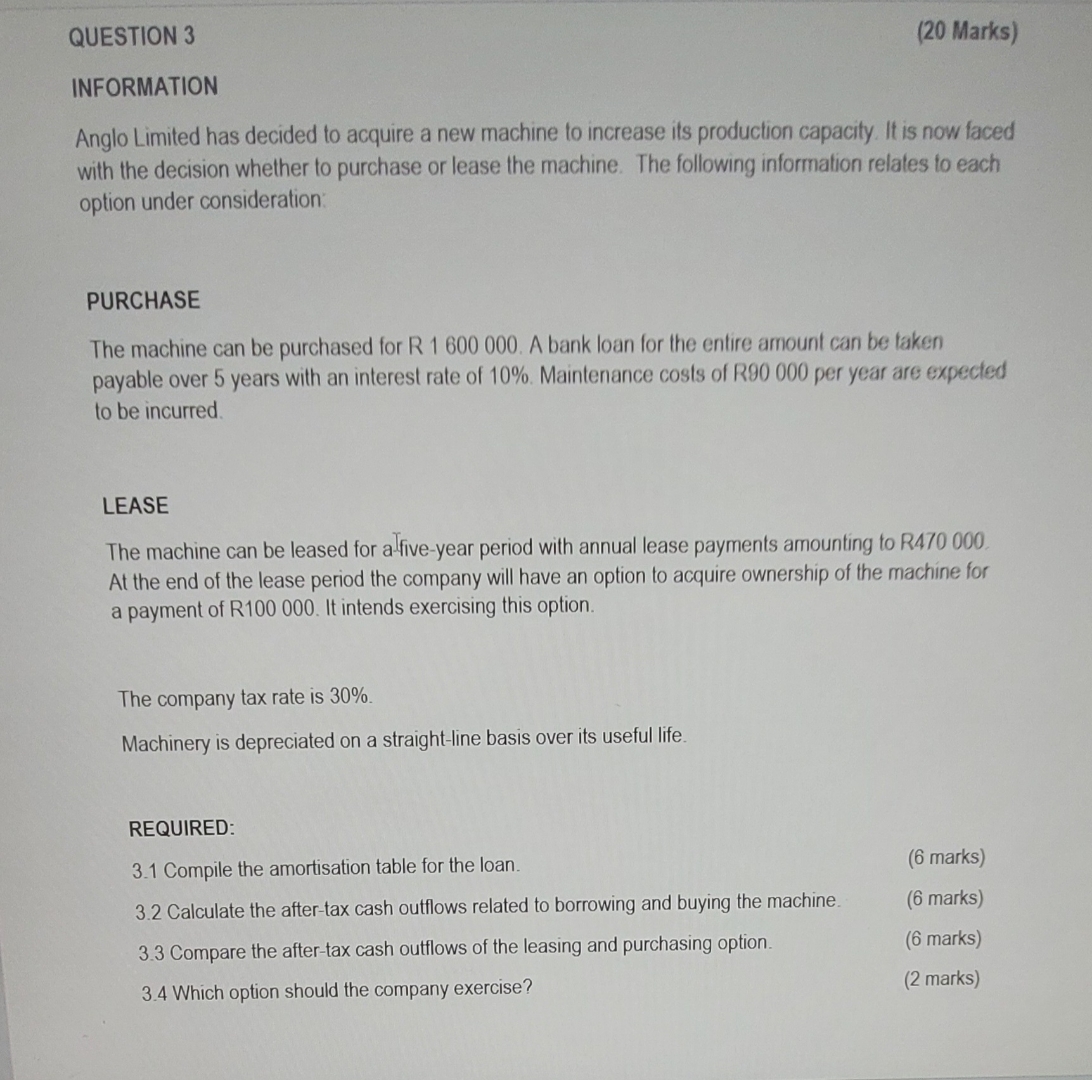  QUESTION 3 (20 Marks) INFORMATION Anglo Limited has decided to acquire