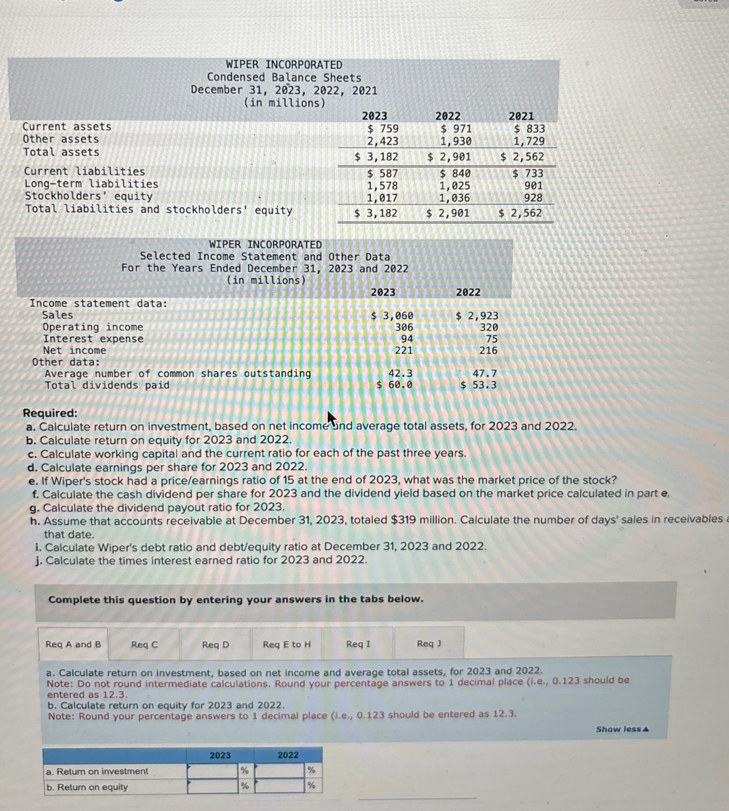 Data],[2023 and 2022],[2023]],2022],[\table[[Income statement data:],[Sales]],,,],[\table[[Sales],[Onerating income]],,$3,060,],[Interest expense,,94,\table[[320],[75]]],[Net income,,221,216],[Other data:,,,],[\table[[Average number of common],[Total