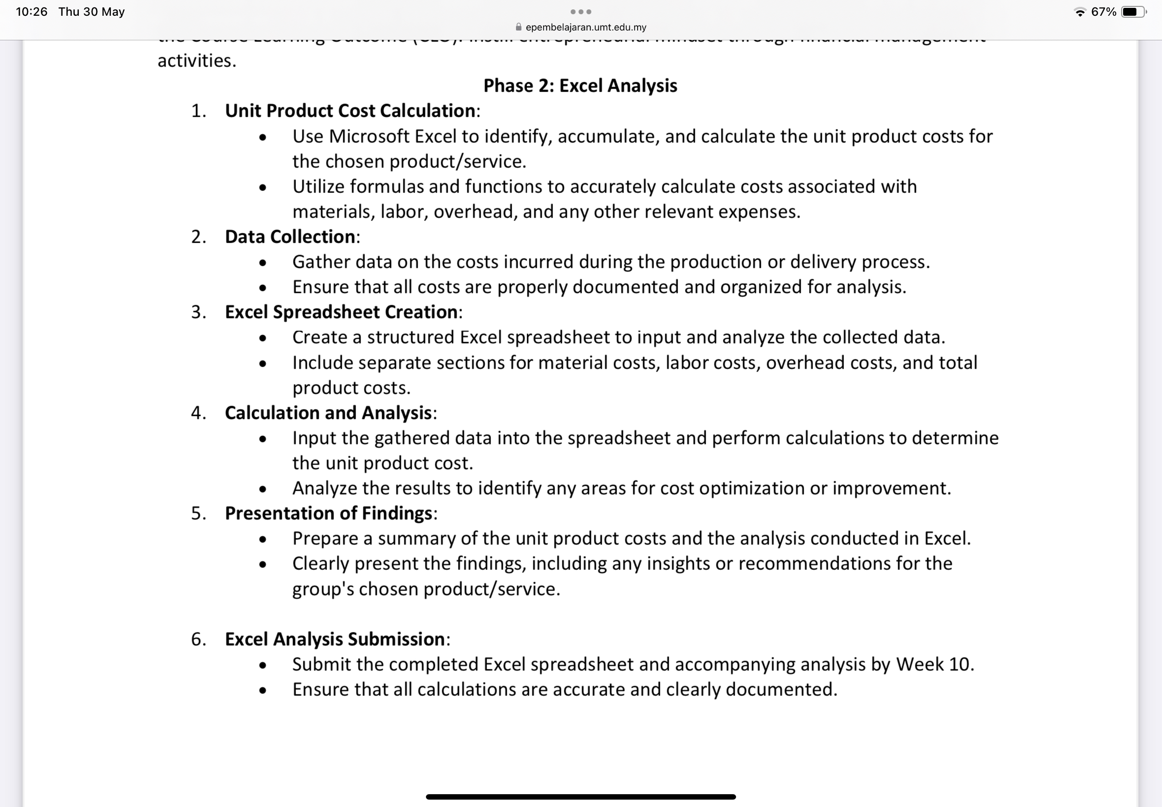 Phase 2: Excel Analysis Unit Product Cost Calculation: Use Microsoft Excel