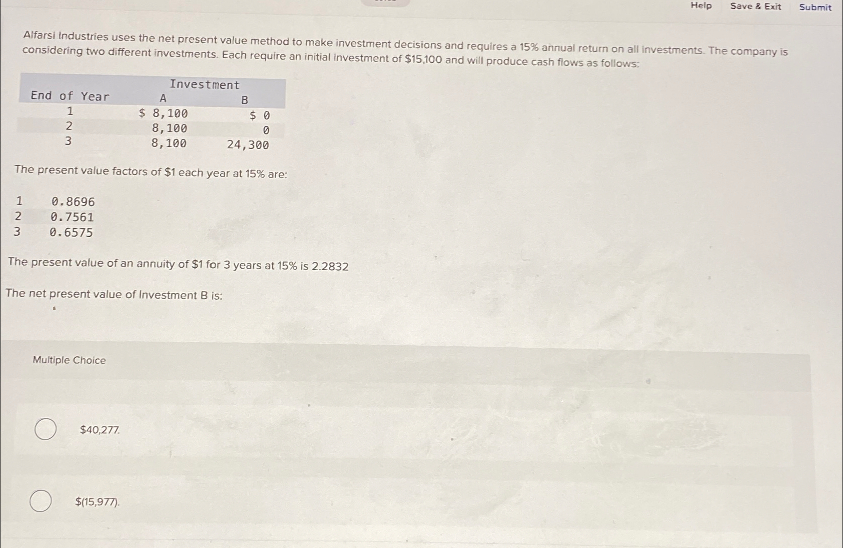 Help Save & Exit Submit Alfarsi Industries uses the net present