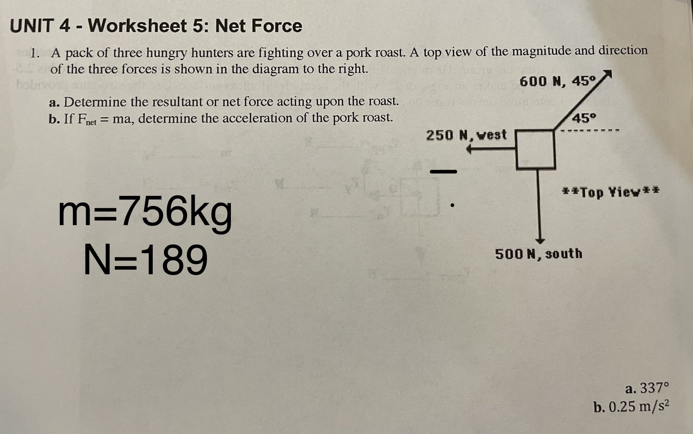  UNIT 4 - Worksheet 5: Net Force 1. A pack of