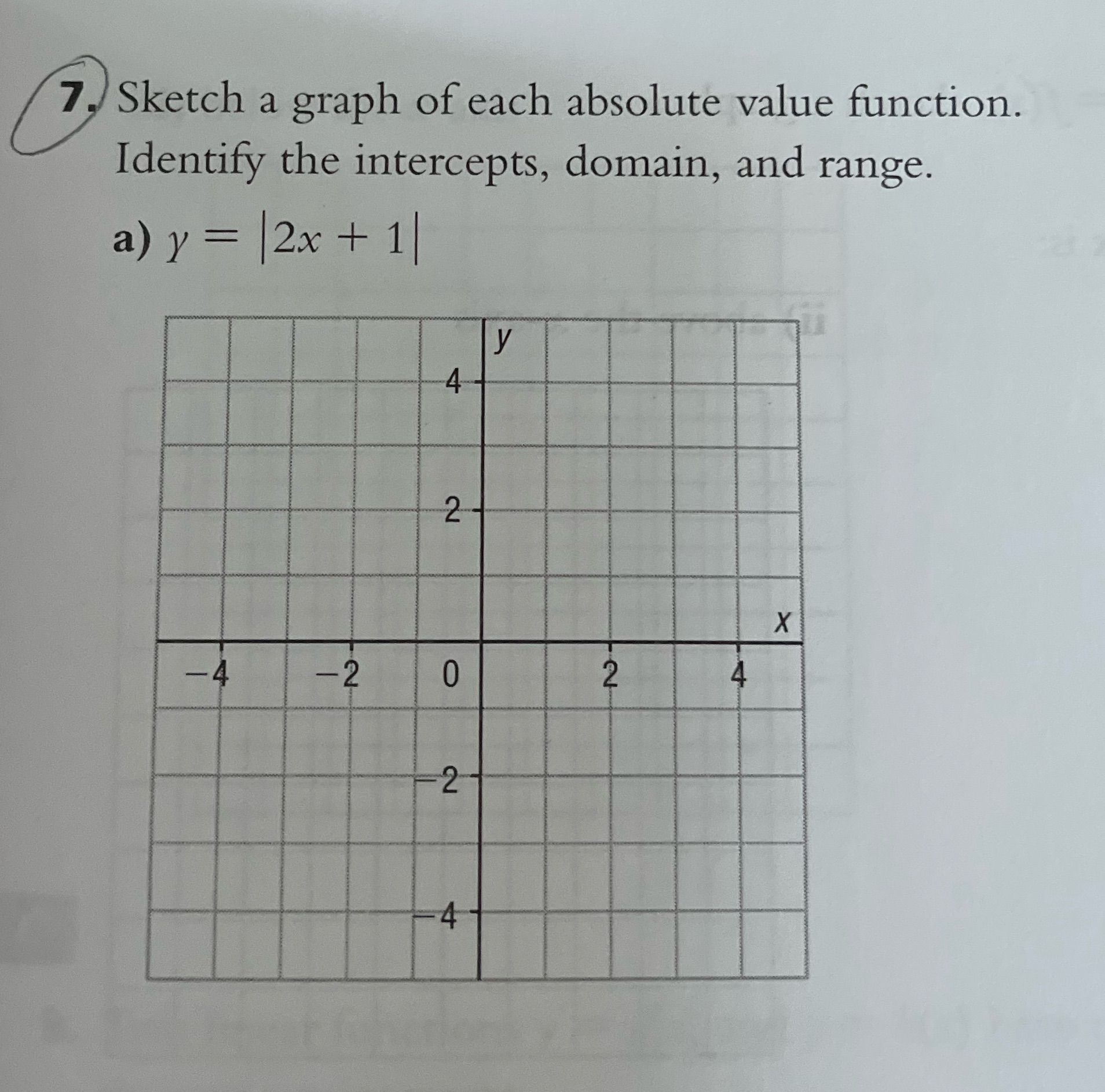 each absolute value function. Identify the intercepts, domain, and range. a) y