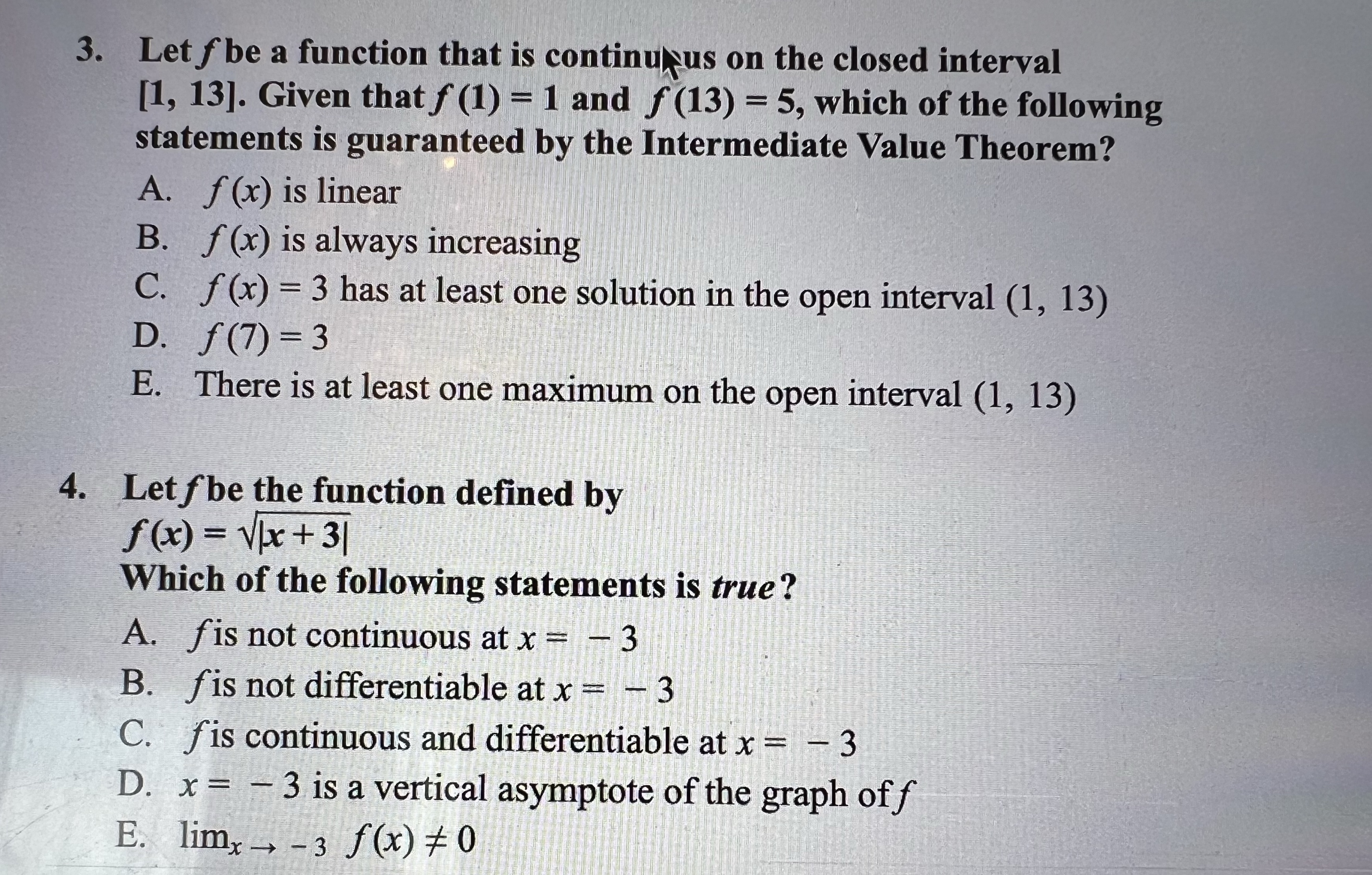  3. Let f be a function that is continu sus on