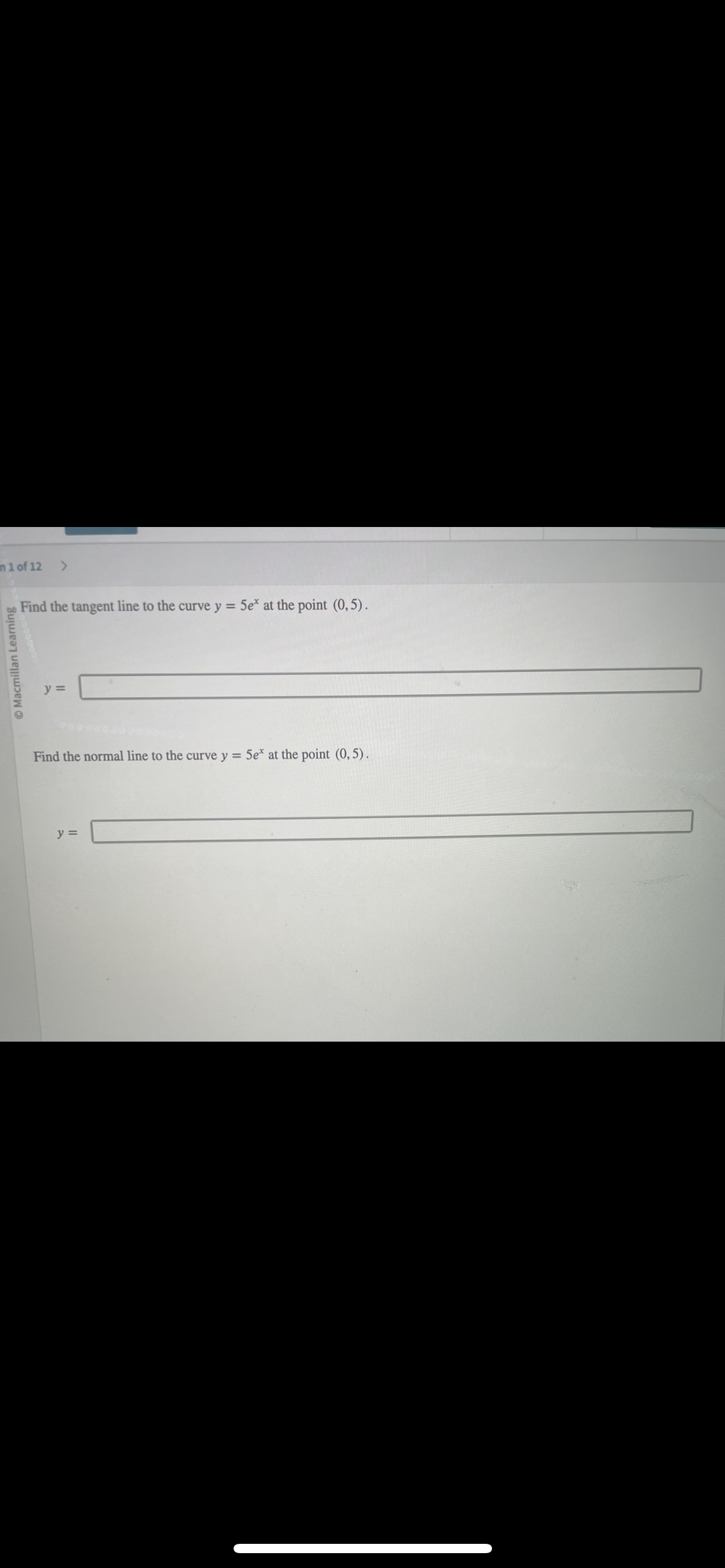 find the tangent line to the curve y = 5ex at the