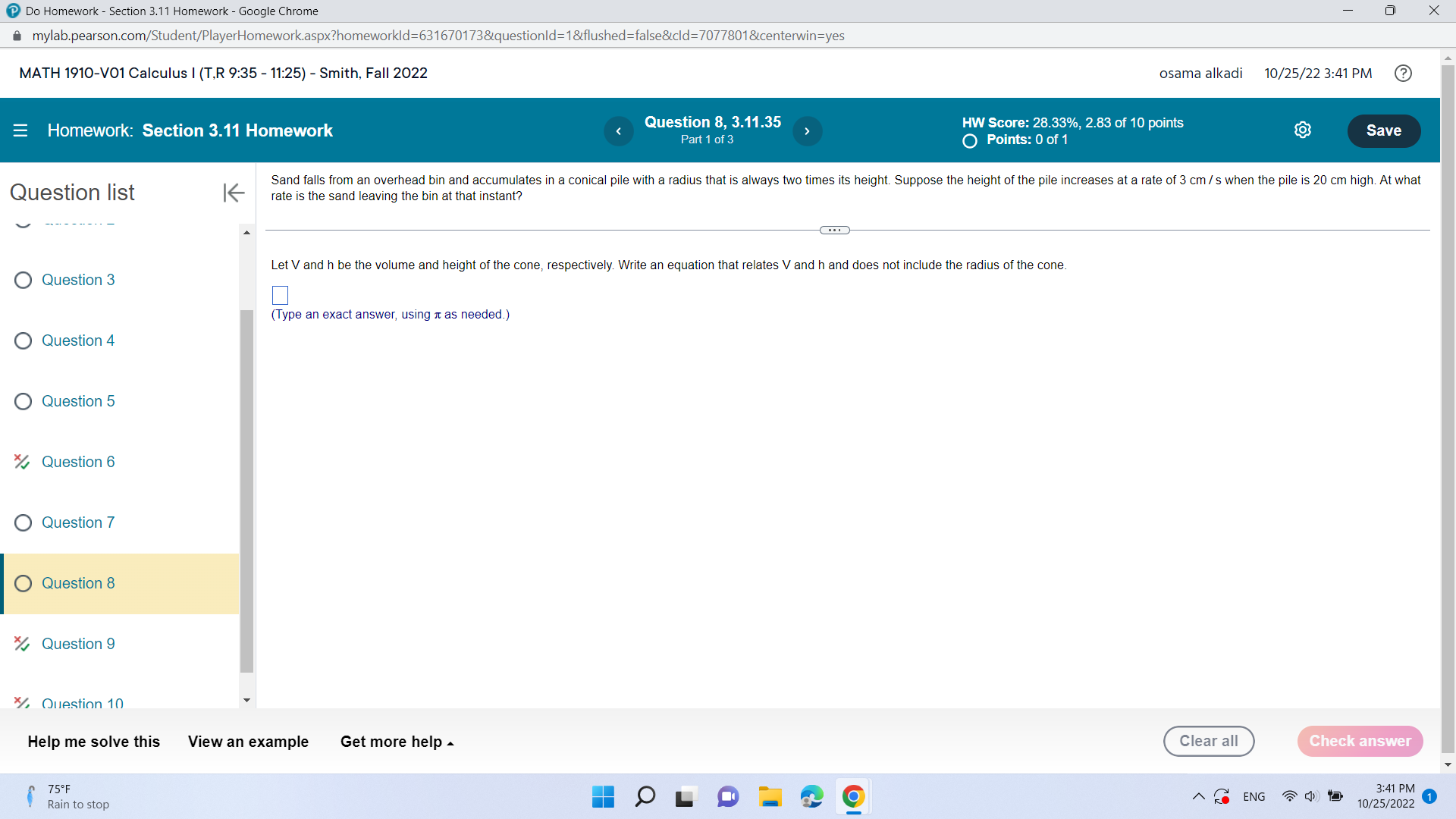 MATH 1910-V01 Calculus I (T.R 9:35 - 11:25) - Smith, Fall 2022
