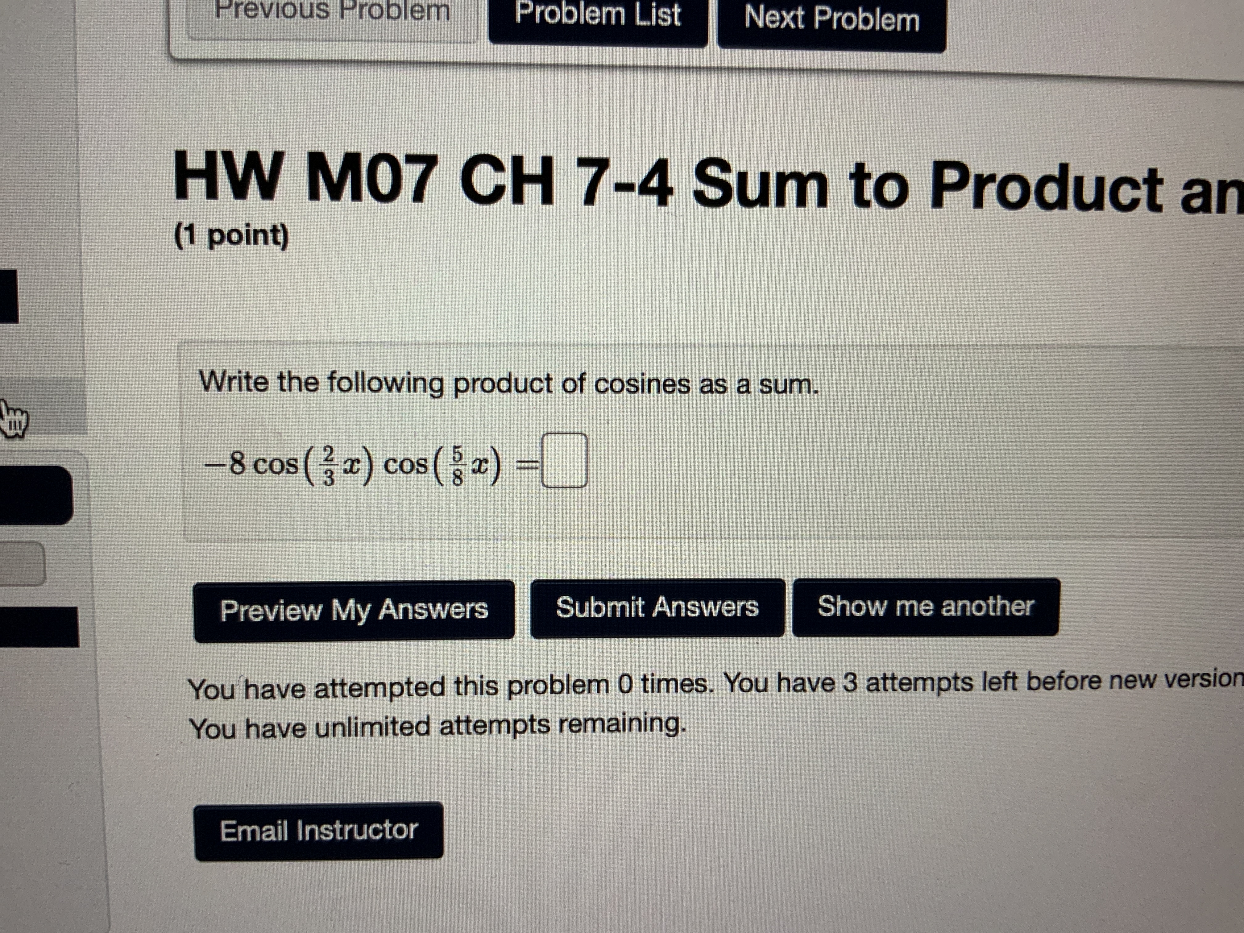 HW M07 CH 7-4 Sum to Product ar (1 point) Write the